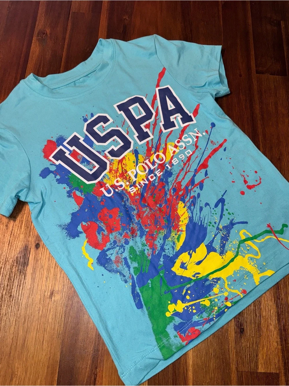US Polo Assn Boys Size 8 Blue Splash Graphic Short Sleeve Shirt Multicolor